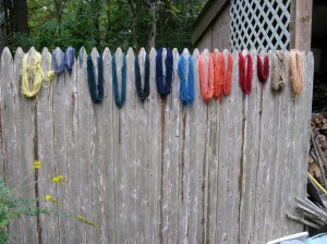 Yarn hanging to dry after being dyed